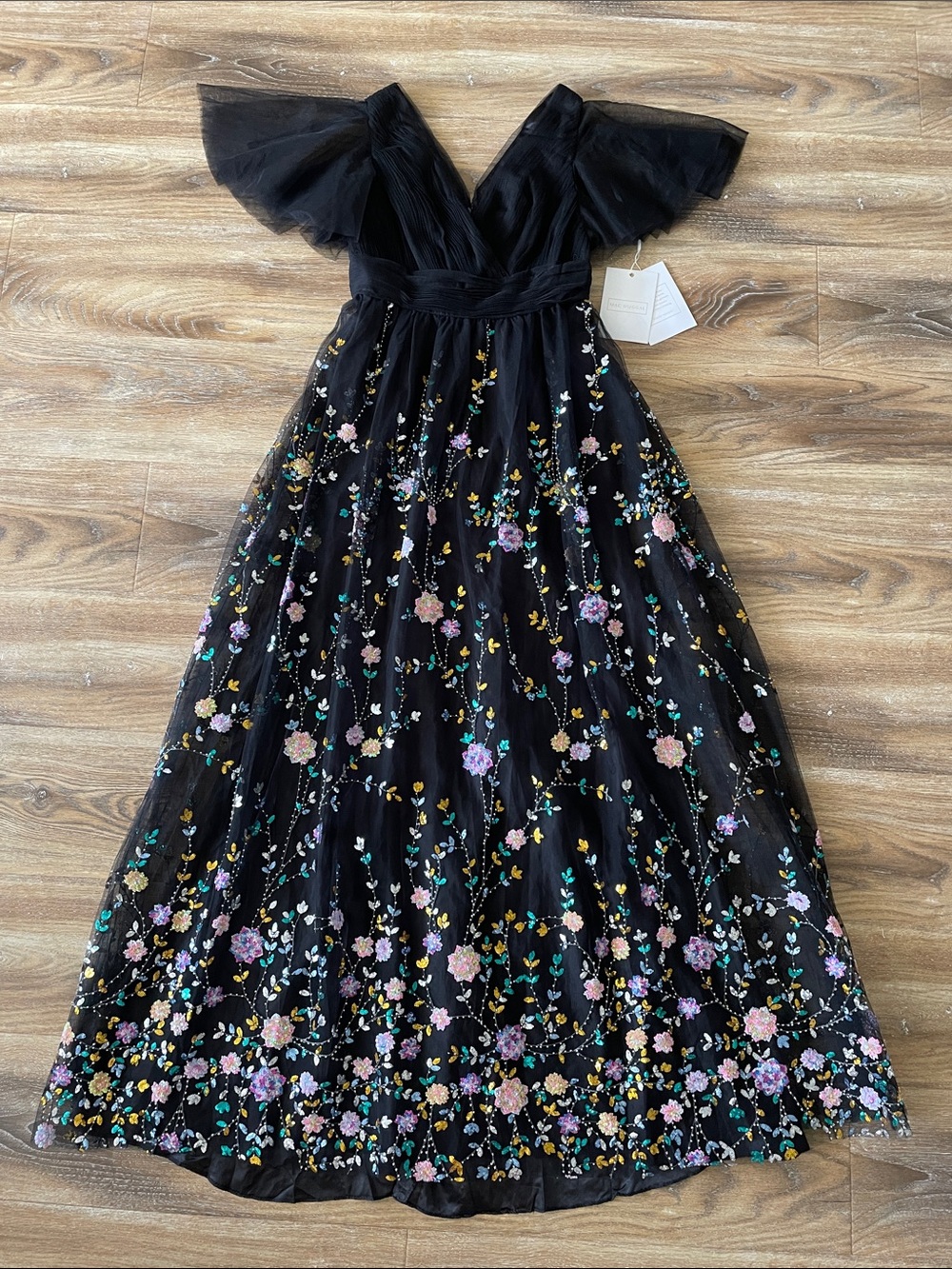 Mac Duggal Black Embroidered Butterfly Sleeve Empire Waist Dress NWT